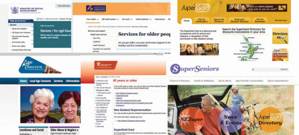 A collage of screenshots of websites with information for older people.