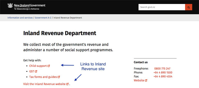 Screenshot of revised Govt.nz directory page for Inland Revenue.