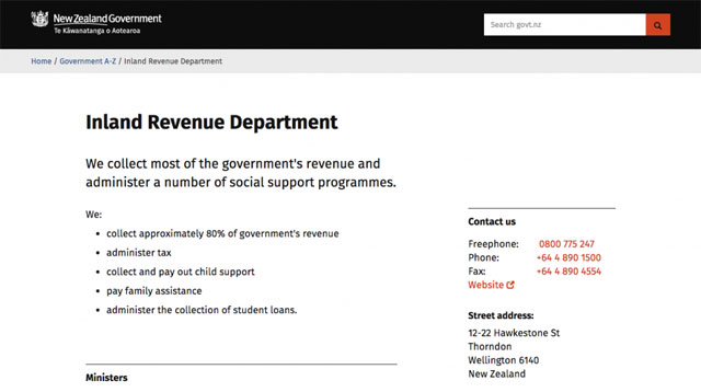 Screenshot of old Govt.nz directory page for Inland Revenue.