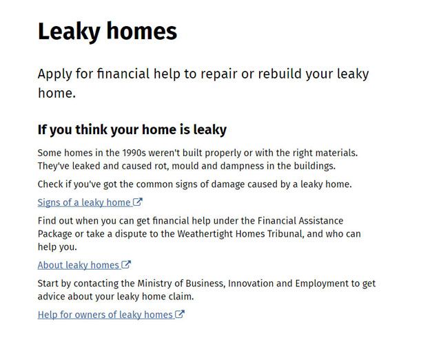 Page screenshot about leaky homes with sentences followed by a link.
