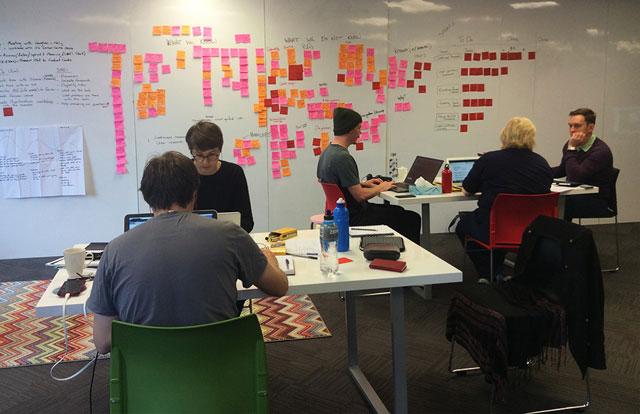 The pilot team of five working on laptops next to a wall covered in post-it notes.
