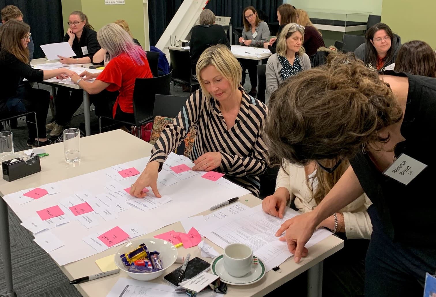 Workshop participants using flipcharts to sort and group content components.