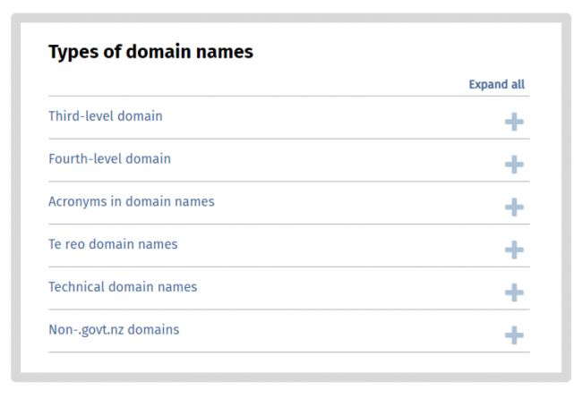 Example of an accordion list of linked headings