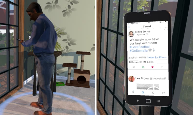 VR avatar standing in a lounge looking at his mobile phone. Inset of his phone screen showing the messages the player sees when they become the avatar.