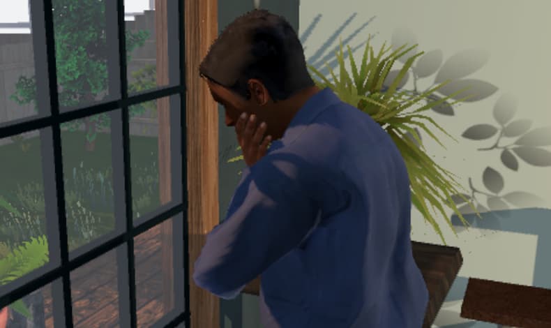 John upset A 3D-rendered male character in a lounge room displays disbelief and fear.