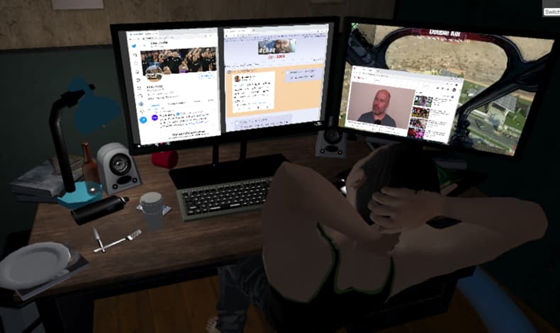 A 3D-rendered male character sits at a computer desk with monitors showing multiple message feeds and video content.