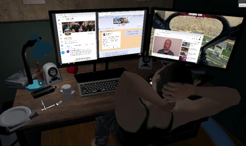 sean desk A 3D-rendered male character sits at a computer desk with monitors showing multiple message feeds and video content.