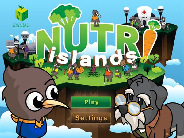 Cartoon image of the characters in the Nutri-Islands game on the start screen.