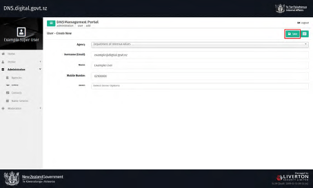 Image of DNS Management Portal save new user web page.