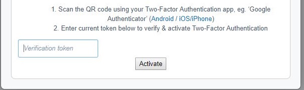 Screen shot showing verification token field on left and activate button