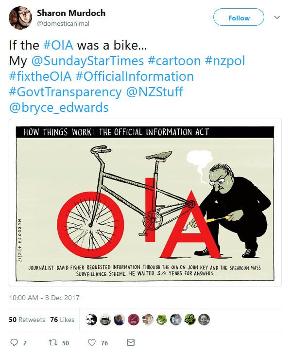 Tweet from Sharon Murdoch with cartoon about difficulty of OIA.