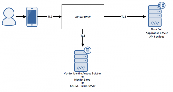 API gateway providing authorisation to a customer via vendor identify access solution, identity store, or XACML policy server.