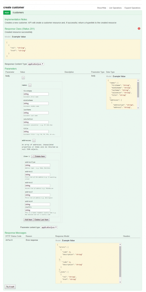 Example agency API – create customer screen, for creating a customer record.