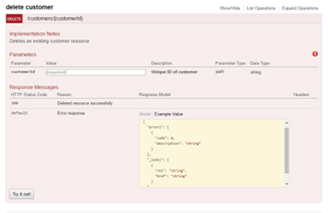 Example agency API – delete customer screen, for deleting a customer record.